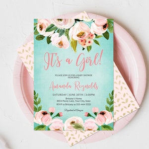 Pink Floral Its A Girl Baby Shower Invitation, Editable Template, Bohemian Baby Sprinkle Invite, Boho Couples Shower, Teal, Blush Corjl 233 image 1
