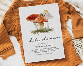 Mushroom Baby Shower Invitation, Mushroom and Snail Invitation, Woodland Baby Brunch Invite, Forest Shower, DIY Editable Template 183