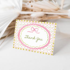 Pink Bow Thank You Card, Folded Grandmillennial Stationery, Printable Watercolor Note Card, Preppy Scallop Baby Shower or Birthday 145