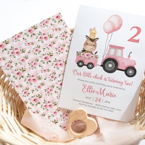 Barnyard Animals 2nd Birthday Party Invitation, Little Chick Is Turning Two, Second Birthday, Girl Farm Birthday, DIY Editable Template 302