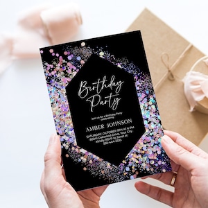 Glitter Holographic Birthday Party Invitation, Modern Birthday Invite, Rainbow Glitter Frame, Teen, Adult, Kid’s, DIY Editable Template 305
