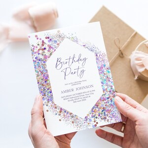 Glitter Holographic Birthday Party Invitation, Modern Birthday Invite, Rainbow Confetti Frame, Teen, Adult, Kid’s, DIY Corjl Template 305