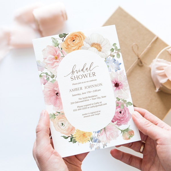 Floral Bridal Shower Invitation, Garden Blooms Brunch Invite, Cottage Floral Wedding Shower, Spring Floral, DIY Editable Template 430