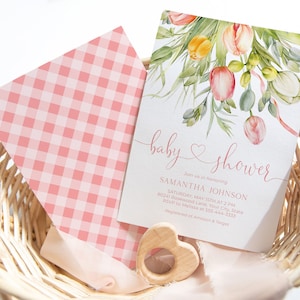 Invito per baby shower con tulipani, invito per brunch primaverile con fiori, fiori da giardino, invito per bambina, fiori pastello, modello modificabile fai da te 102