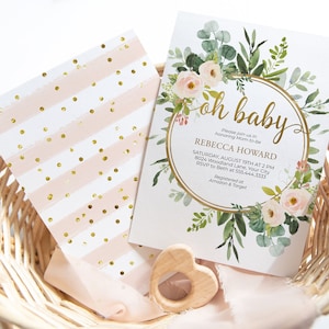 Boho Baby Shower Invitation, Oh Baby Invitation, Blush Floral Baby Girl Invite, Pink Flowers, Greenery, Gold, DIY Editable Template 291