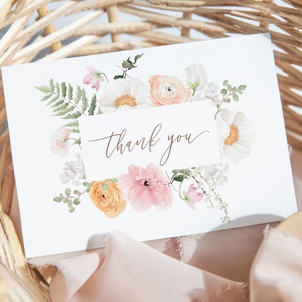 Floral Thank You Card, Cottage Floral Wedding Thank You Note, Spring Bridal Shower Thank You, Garden Blooms, DIY Editable Template 430