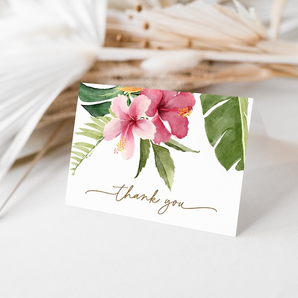 Tropical Floral Thank You Card, Hibiscus Flowers Wedding Thank You Note, Summer Bridal Shower Thank You, DIY Editable Template 189