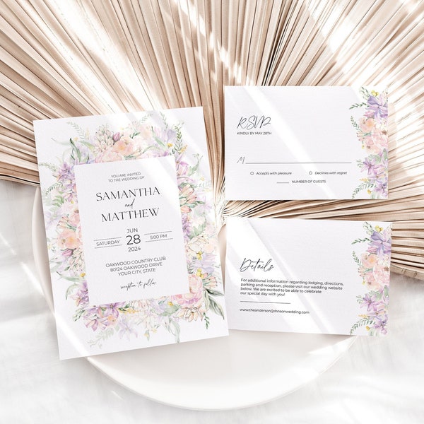 Lavender and Blush Wedding Invitation Suite, Spring Floral Wedding Set, Boho Cottage Floral Wedding Invite, DIY Editable Template 161