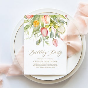 Invito per festa di compleanno Tulip, invito di compleanno floreale primaverile, fiori da giardino, fiori pastello, modello modificabile fai da te 102