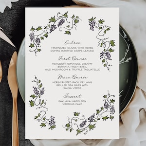 Modelo de menu de casamento mediterrâneo, cartão de menu de uvas desenhado à mão, decoração de recepção de casamento caprichosa, menu de jantar escrito à mão, folhas 195