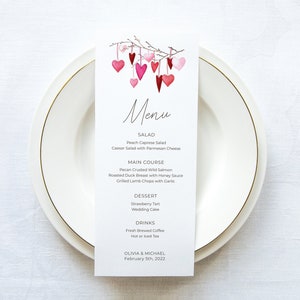 Valentine Wedding Menu Card, Reception Table Decor, Bridal Shower Menu, Wedding Decoration, Hanging Hearts, DIY Editable Template 327