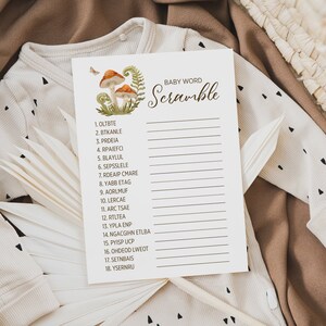 Red Mushroom Baby Word Scramble Game, Answer Key Included, Printable, Woodland Baby Shower Game, Forest Greenery, Butterflies 282