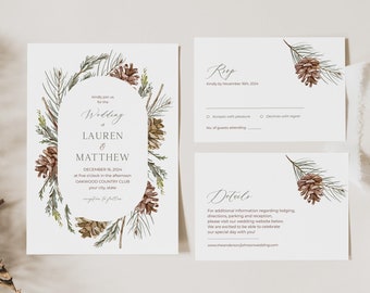 Conjunto de invitaciones de boda de hoja perenne, conjunto de invitaciones de boda rústicas de invierno, invitación de boda navideña, plantilla editable de bricolaje de piñas 162