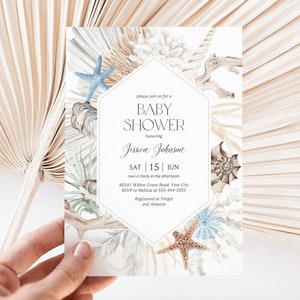 Coastal Baby Shower Invitation, Boho Ocean Baby Brunch Invite, Shells, Coral, Dried Palms, Beach Shower Invite, DIY Editable Template 429