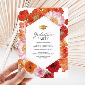Summer Floral Graduation Party Invitation, Pink and Orange Graduation Invite, Boho Grad Party, Cottage Floral, DIY Editable Template 290