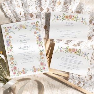 Frühlingshochzeitseinladungsreihe, Cottage Blumenhochzeitsset, Gartenhochzeit einladen, Cottagecore, Pastellblüten, DIY bearbeitbare Vorlage 171