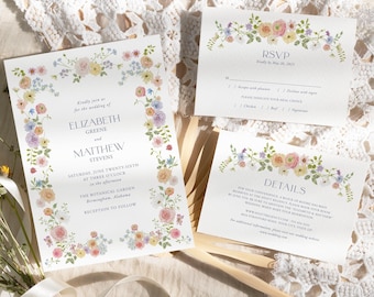 Spring Wedding Invitation Suite, Cottage Floral Wedding Set, Garden Wedding Invite, Cottagecore, Pastel Blooms, DIY Editable Template 171