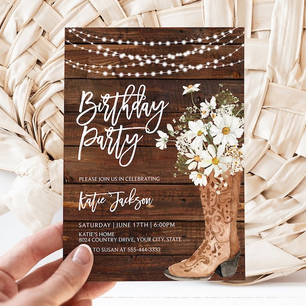 Daisy Cowgirl Boot Birthday Party Invitation, Rustic Country Birthday Invite, Western Birthday Invite, String Lights, Corjl Template 382