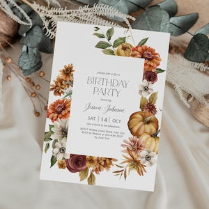 Rustic Autumn Birthday Party Invitation, Fall Floral Birthday Invite, Zinnias, Pumpkins, Watercolor Flowers, DIY Editable Template 443