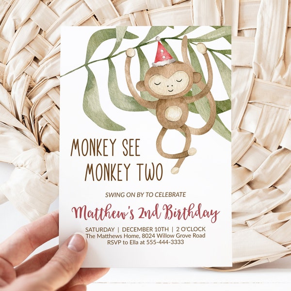 Monkey Birthday Party Invitation, Monkey See Monkey Two Invite, 2nd Birthday Invite, DIY Editable Template