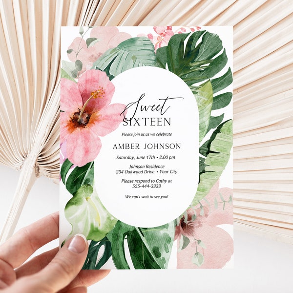 Tropical Floral Sweet Sixteen Birthday Party Invitation, Boho Tropical Sweet Sixteenth Birthday Invite, Hibiscus,  DIY Editable Template 209