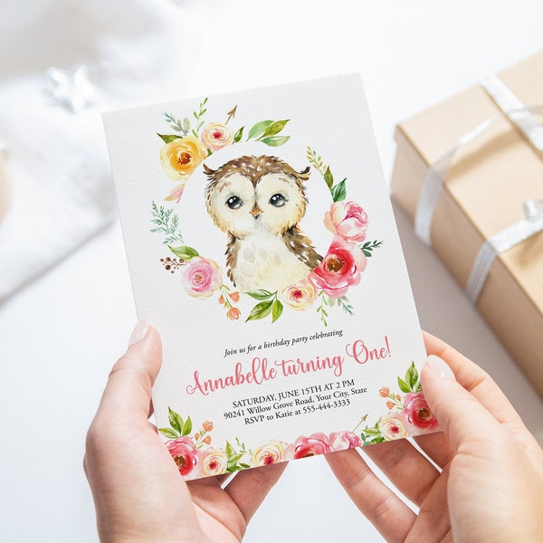 Owl First Birthday Party Invitation, Any Age, Owl Invitation, Girl Birthday Invite, Woodland Animal, Pink Floral, DIY Editable Template 309