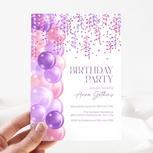 Pink and Purple Balloons Birthday Party Invitation, Woman's Birthday Invite, Teen, Confetti, Glitter, DIY Editable Template 442