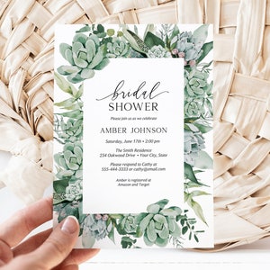 Succulent Bridal Shower Invitation, Boho Chic Bridal Brunch Invite, Wedding Shower, Botanical, Greenery, DIY Editable Template 260