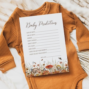 Herfstpaddestoel babyvoorspellingsspel, direct downloaden, bosrijke babyshowerspel, voorspellingskaart, bosgroen, vlinders 352