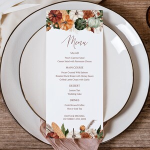 Carte de menu de mariage citrouille, décoration de table de réception automne, menu de douche d'automne bohème, menu de la tour, rouille, bleu sarcelle, orange, modèle modifiable bricolage 403