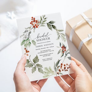 Winter Bridal Shower Invitation, Christmas Bridal Brunch Invite, Holly Leaves, Holly Berries, Botanical, DIY Editable Template 111