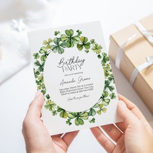 Shamrock Birthday Party Invitation, St. Patrick&#39;s Day Birthday Party Invite, Irish Birthday Invite, Clover, DIY Editable Template 406