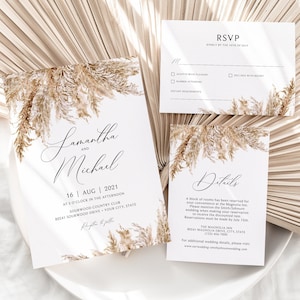 Set di inviti per matrimonio Pampas Grass, Suite di inviti per matrimonio Boho, Boho, Fiori secchi, Tan, Neutro, Modello modificabile fai da te 230