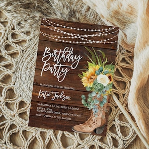 Sunflower Birthday Party Invitation, Boho Cowgirl Boot Birthday Invite, Rustic Country Birthday Invite, White Rose, DIY Corjl Template 322