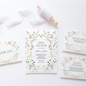 Pink and Blue Wildflower Baby Shower Invitation Suite, Meadow Floral Baby Shower Set, Cottage Floral, DIY Editable Template 182