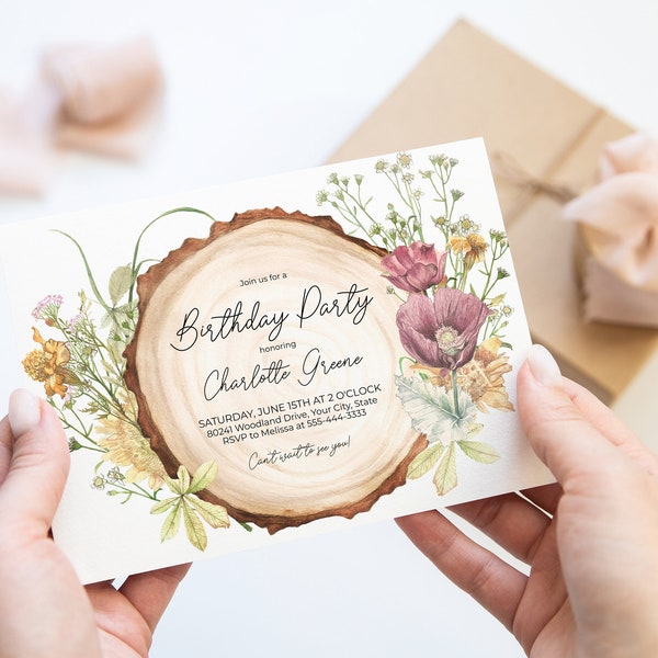 Floral Wood Slice Birthday Party Invitation, Woodland Woman's Birthday Invite, Any Age, Forest, Flowers, DIY Editable Template