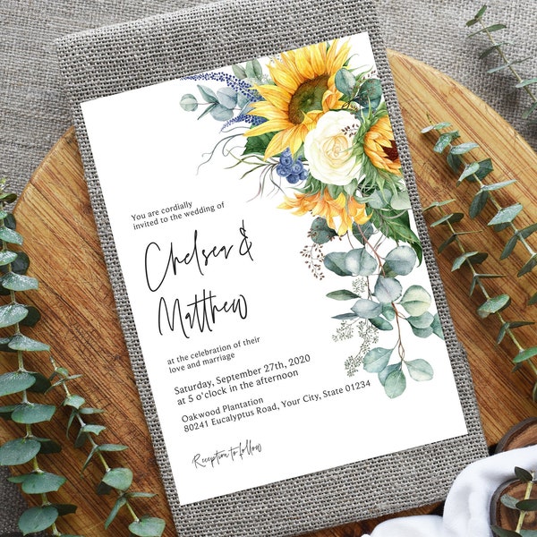 Sunflower Wedding Invitation, Editable Template, Rustic Barn Wedding Invite, Summer Wedding, White Rose, Blue Floral, Eucalyptus, Corjl 322