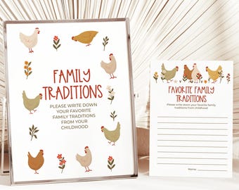 Familientraditionen Babypartyspiel mit Schild, druckbare Farm-Thema Hühneraktivität, rustikales Babypartyspielset, nicht bearbeitbar 320