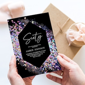 Glitter Holographic Sixty Birthday Party Invitation, Modern Birthday Invite, 60th, Sixtieth, Rainbow Glitter Frame DIY Corjl Template 305