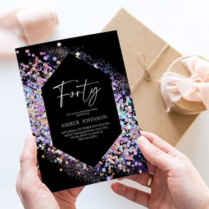 Glitter Holographic Forty Birthday Party Invitation, Modern Birthday Invite, 40th, Fortieth, Rainbow Glitter Frame DIY Corjl Template 305