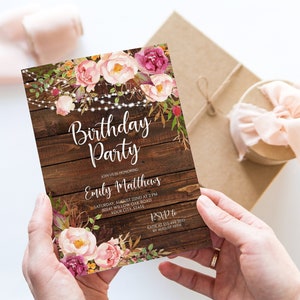 Boho Birthday Party Invitation, Blush Pink Floral Birthday Invite, Cowgirl Birthday, Wood, String Lights, DIY Editable Template 265