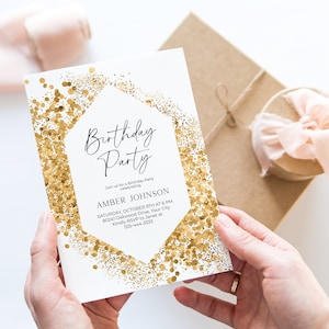Faire-part de fête d'anniversaire paillettes d'or, invitation d'anniversaire moderne, confettis or, adolescent, adulte, enfant, homme, modèle modifiable bricolage 305