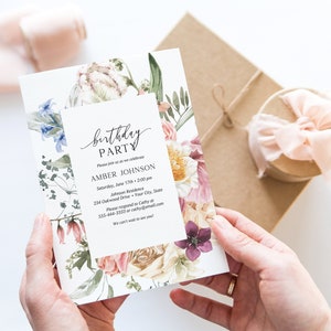 Colorful Spring Blooms Birthday Party Invitation, Boho Garden Floral Birthday Invite, Woman's Party Invitation, DIY Editable Template 126 image 1