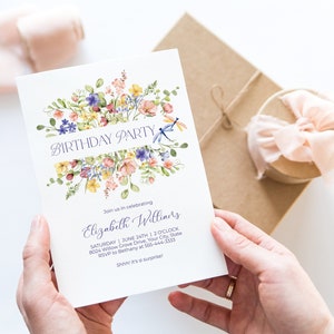 Meadow Floral Birthday Party Invitation, Wildflower Woman's Birthday Invite, Cottage Floral Teen Birthday Invite, DIY Editable Template 474