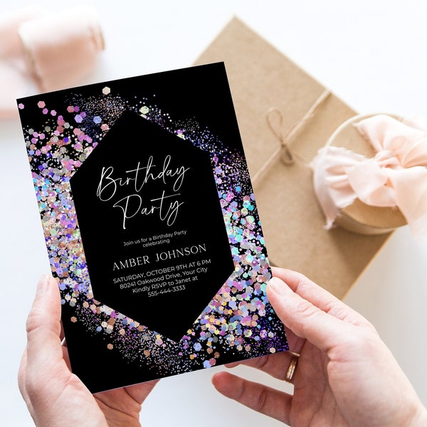 Glitter Holographic Birthday Party Invitation, Modern Birthday Invite, Rainbow Glitter Frame, Teen, Adult, Kid’s, DIY Editable Template 305