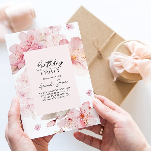 Sakura Blossoms Birthday Party Invitation, Cherry Blossoms Birthday Invite, Woman's Party Invitation, DIY Editable Template 190