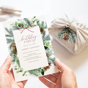 Winter Greenery Birthday Party Invitation, Christmas Birthday Party Invite, Teen, Adult, Evergreen, Pine, DIY Editable Template 451