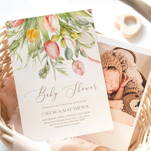 Invito per baby shower con tulipani, invito per brunch primaverile con fiori, invito per bambina, fiori pastello, modello modificabile fai da te 102