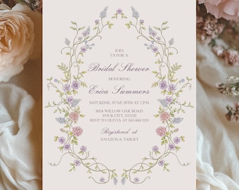 May include: A floral-themed bridal shower invitation with a delicate vine border and the text "Join us for a Bridal Shower Honoring Erica Summers" with details for the event and where to register.