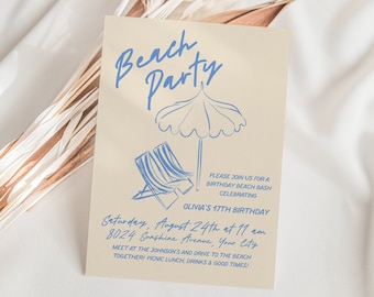 Beach Party Invitation, Hand Drawn Birthday Party Invitation, Whimsical Beach Bash Invite, Chairs, Umbrella, DIY Editable Template